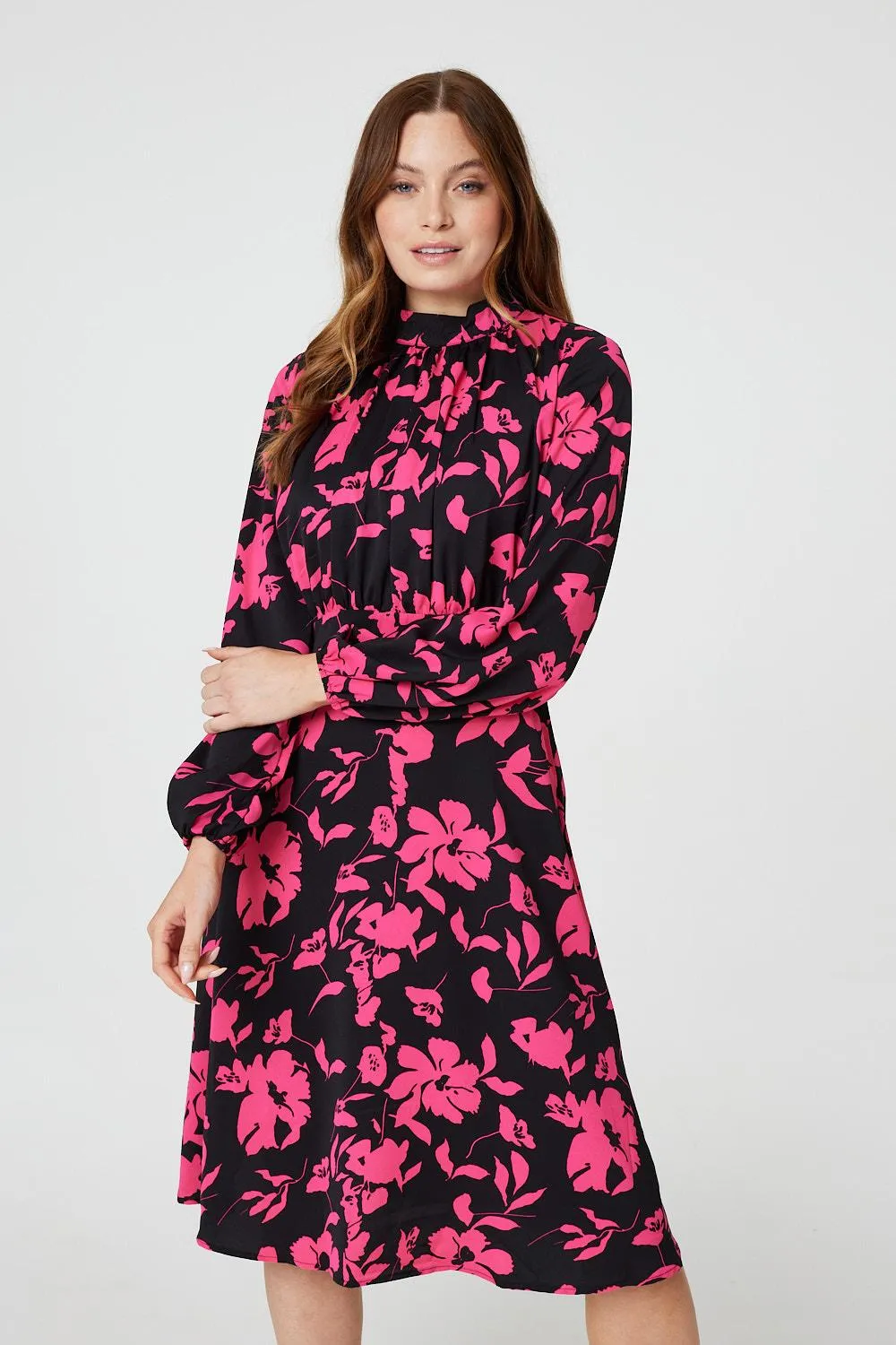 Floral Ruched Front Midi Dress