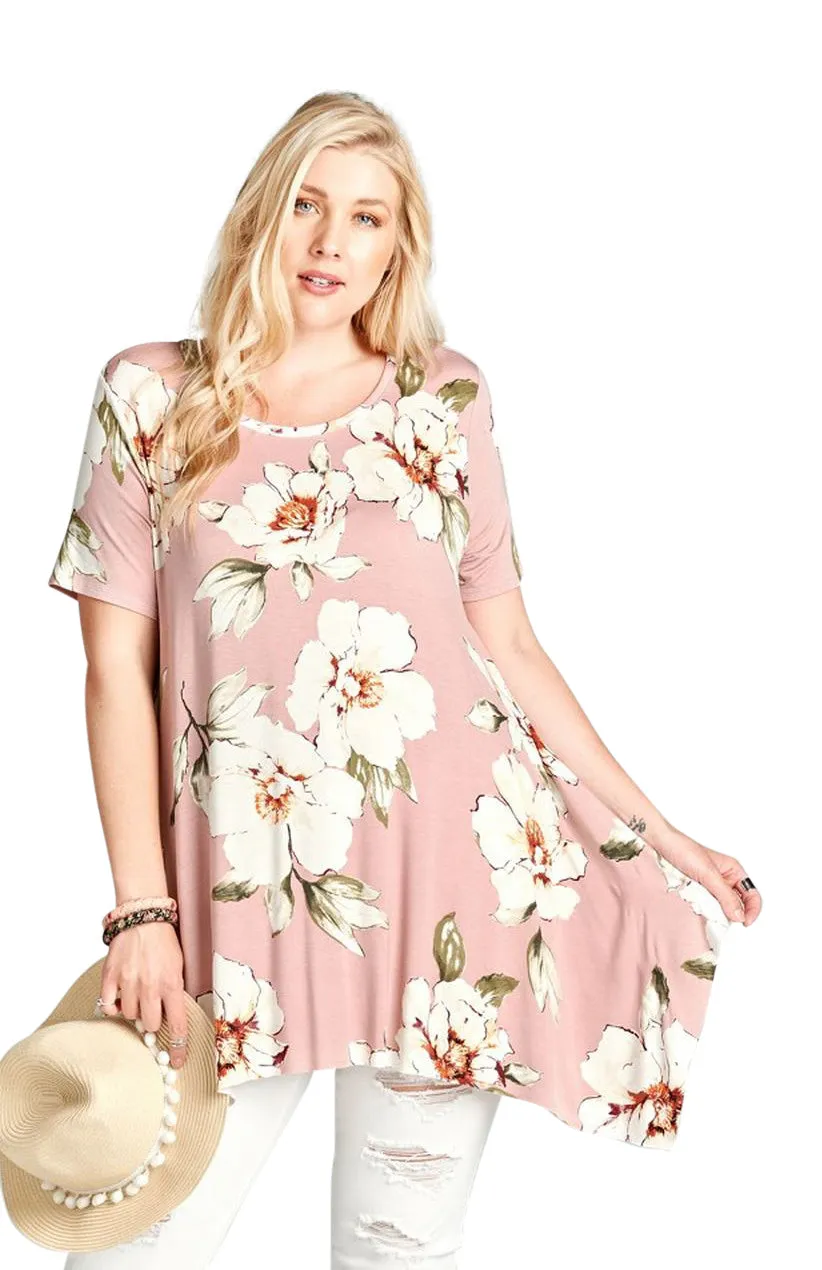 Floral Sharkbite Short Sleeve Tunic, Mauve