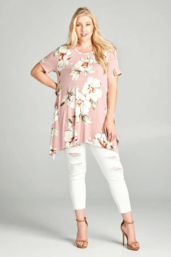 Floral Sharkbite Short Sleeve Tunic, Mauve