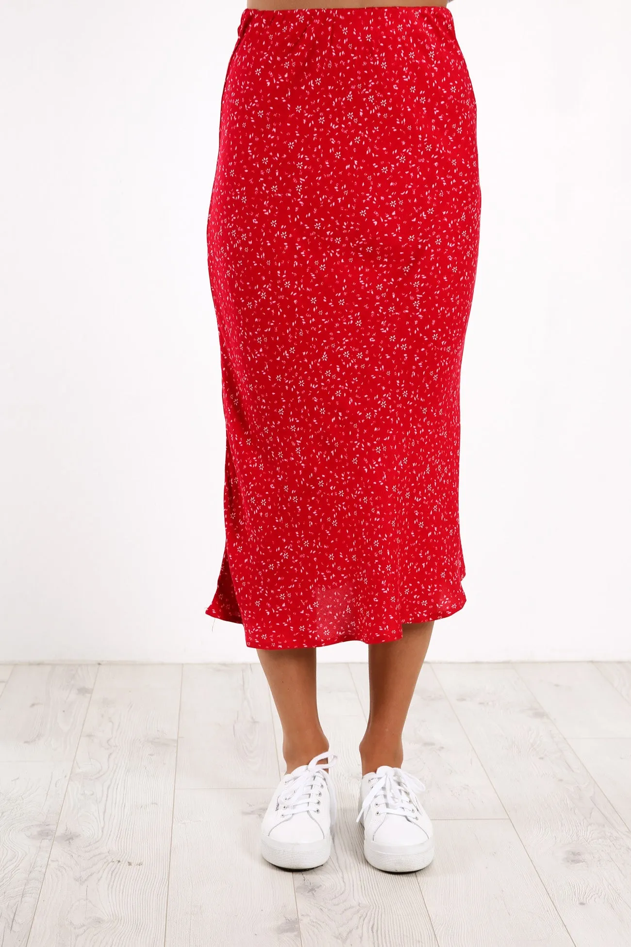 Flourishing Midi Skirt Red Ditsy Floral