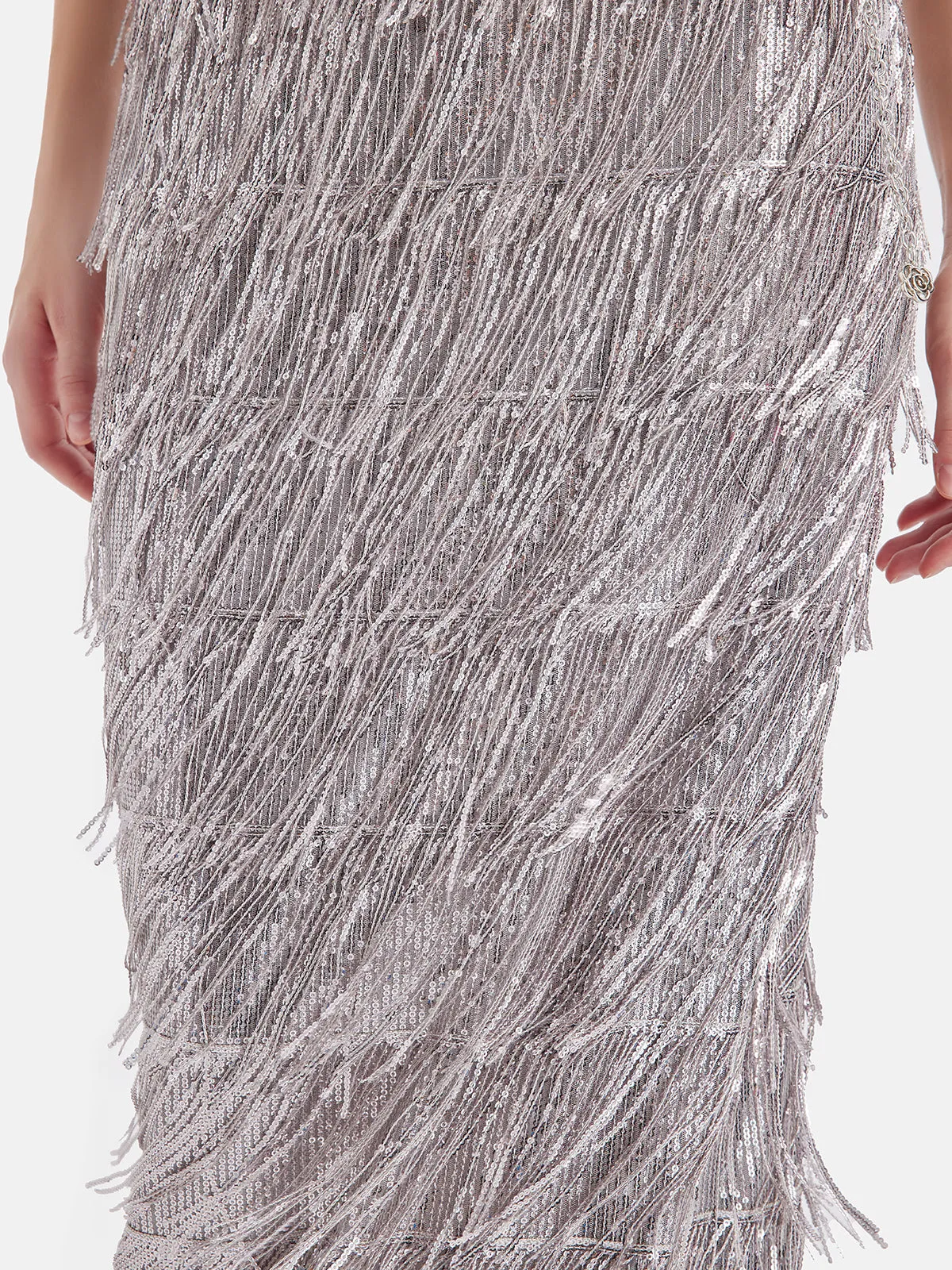 Galactic Sparkle Sequin Fringe Maxi Skirt (with Waist Chain)