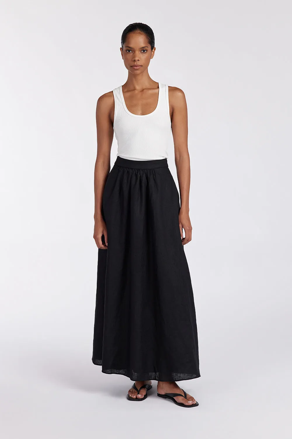 GEMIMA BLACK LINEN MIDI SKIRT