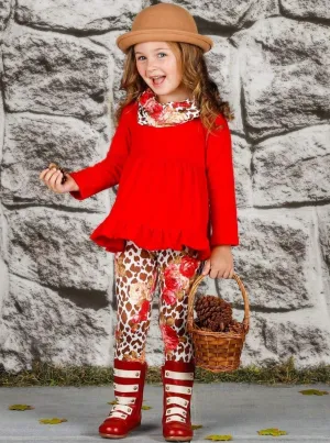 Girls Long Sleeve Ruffled Tunic, Animal Floral Print Leggings And Scarf Set