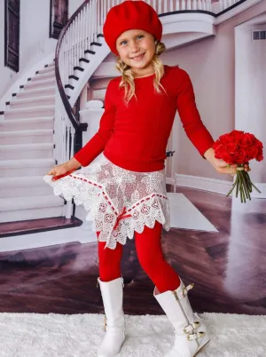 Girls Long Sleeve Tunic, Crochet Skirt And Legging Set