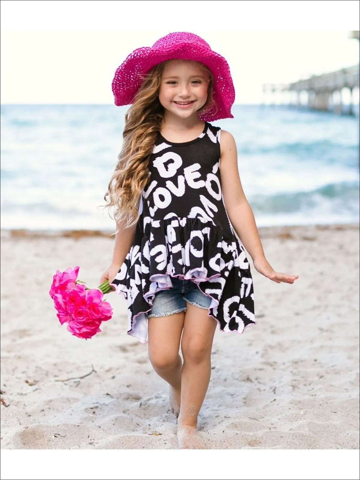 Girls Love Printed Side Tail Ruffle Hem Tunic