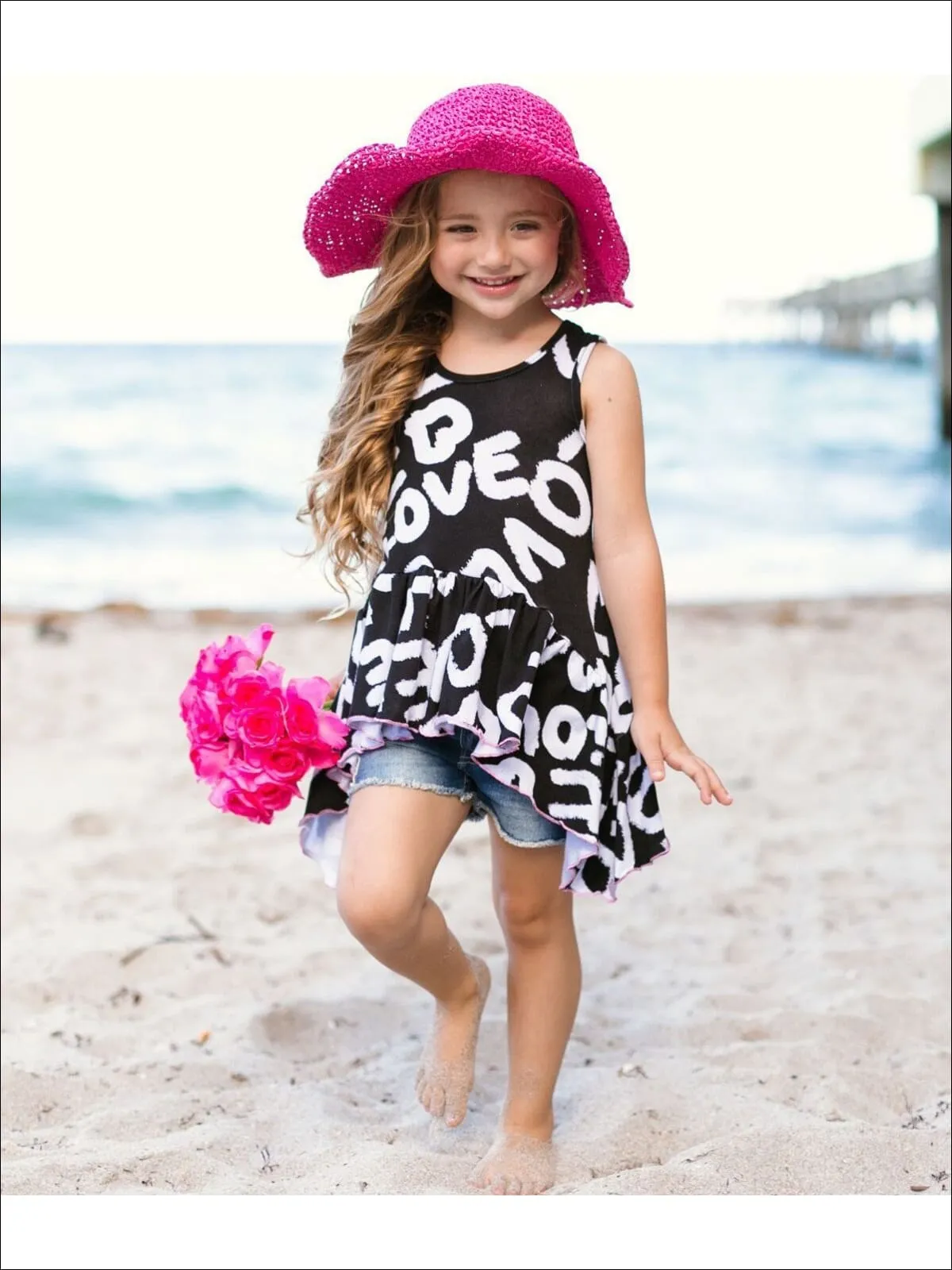 Girls Love Printed Side Tail Ruffle Hem Tunic