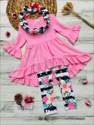 Girls Pink Ruffled 3/4 Sleeve Hi-Lo Tunic, Striped Floral Leggings And Scarf Set