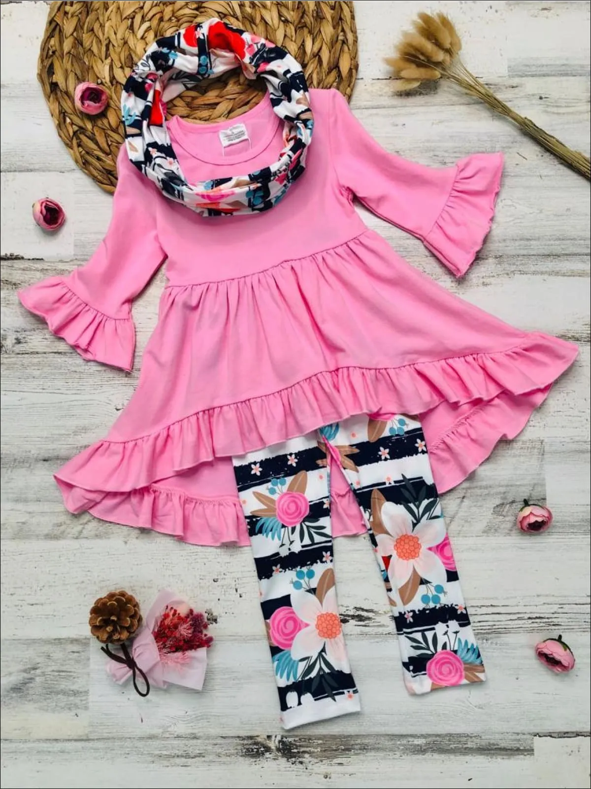 Girls Pink Ruffled 3/4 Sleeve Hi-Lo Tunic, Striped Floral Leggings And Scarf Set