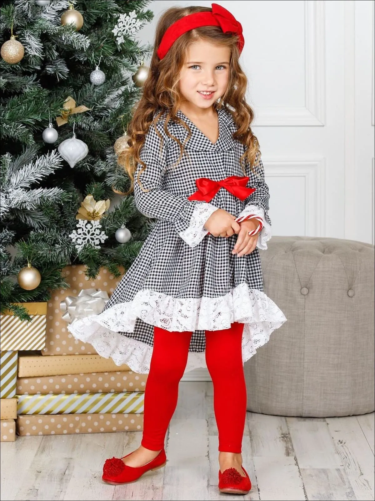 Girls Plaid Long Sleeve Hi-Lo Collared Lace Ruffle Blazer Tunic And Legging Set