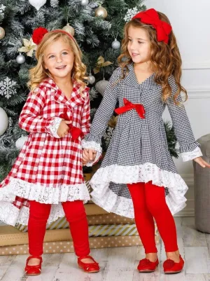 Girls Plaid Long Sleeve Hi-Lo Collared Lace Ruffle Blazer Tunic And Legging Set