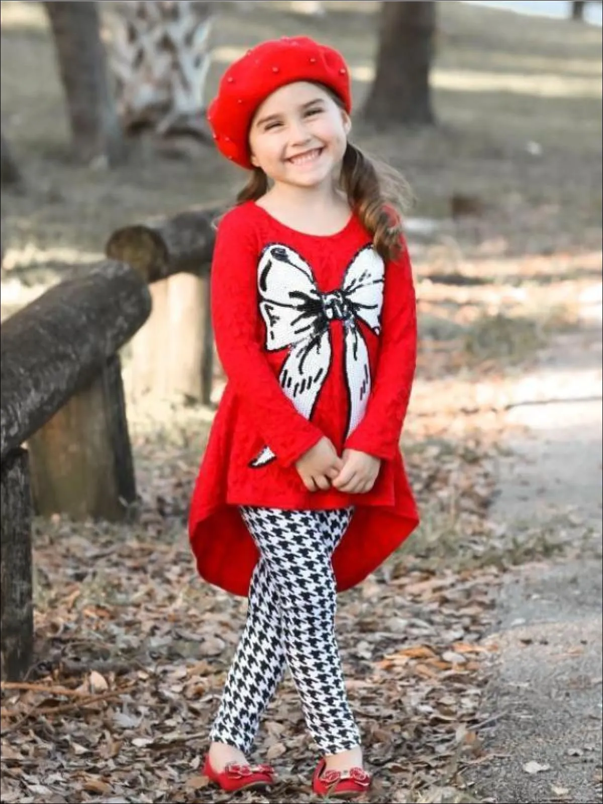 Girls Red Hi-Lo Lace Tunic And Houndstooth Legging Set with Bow Applique