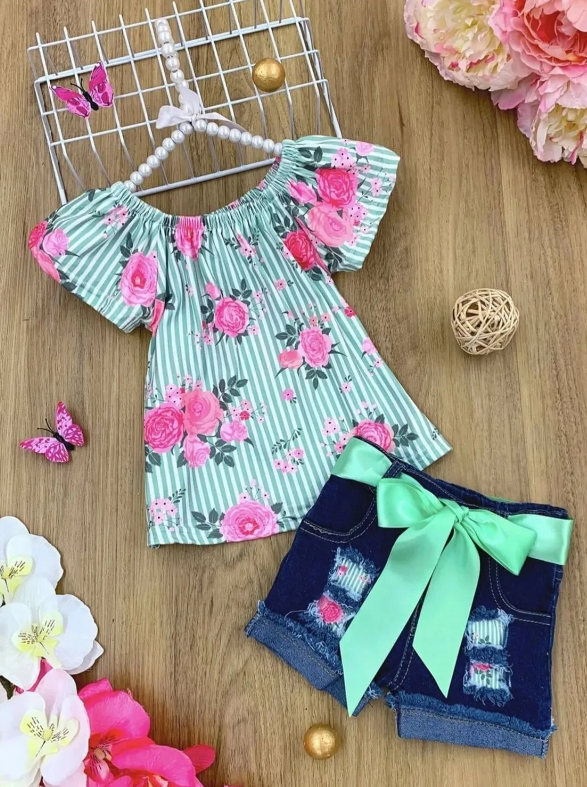 Girls Spring Mood Floral Tunic And Ripped Denim Short Set