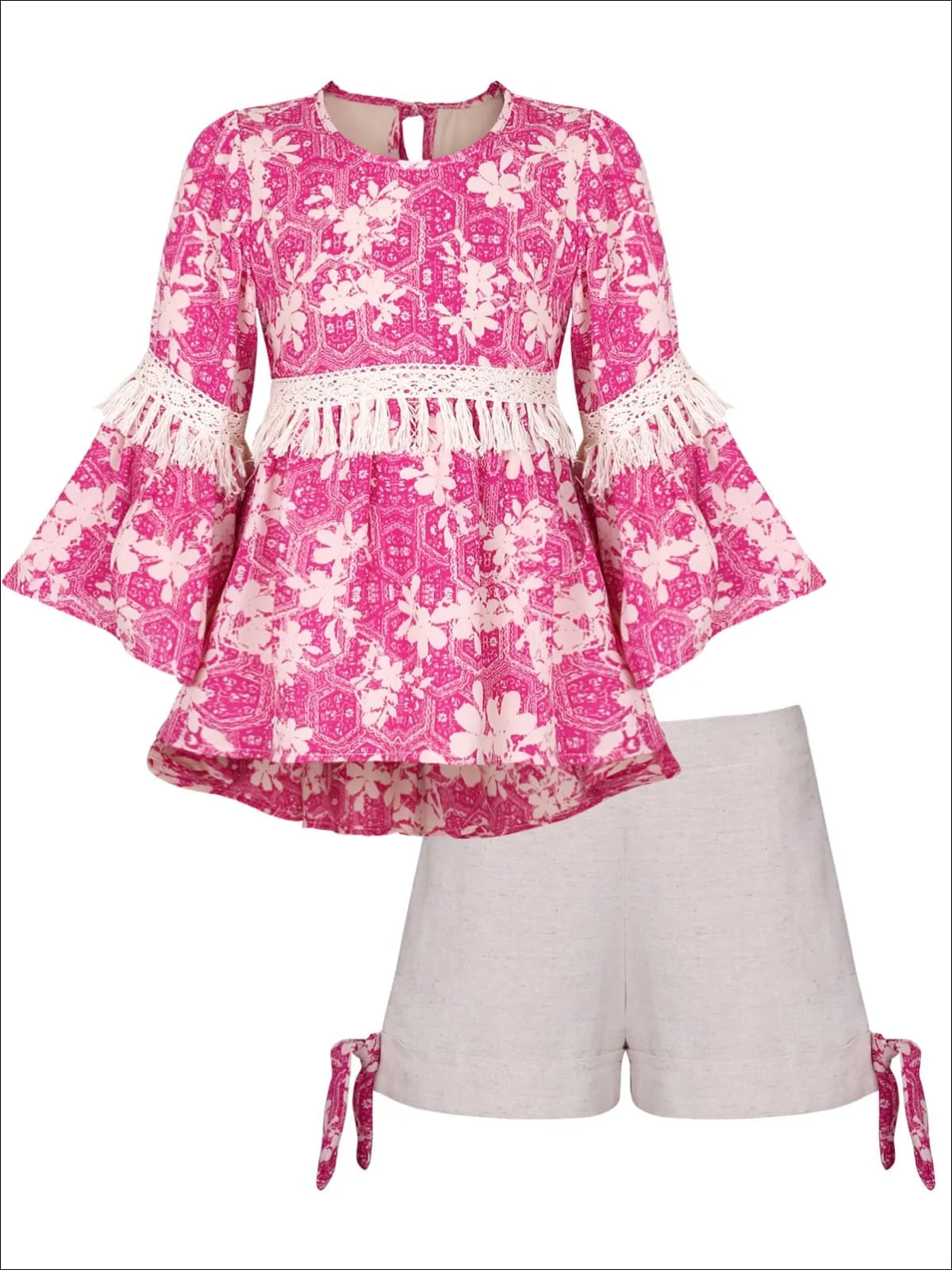 Girls Trimmed Boho Flared Sleeve Tunic And Cuffed Bow Short Set