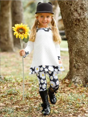 Girls White And Black Daisy Print Long Sleeve Side Slit Cuffed Tunic And Matching Legging Set