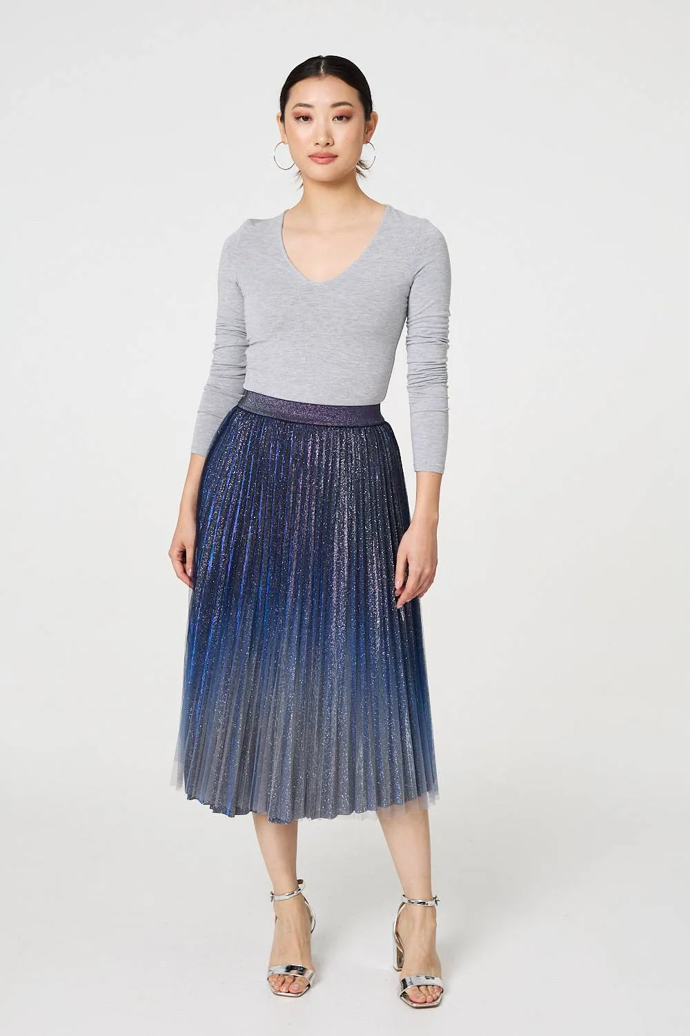 Glittery Sheer Mesh Pleated Midi Skirt