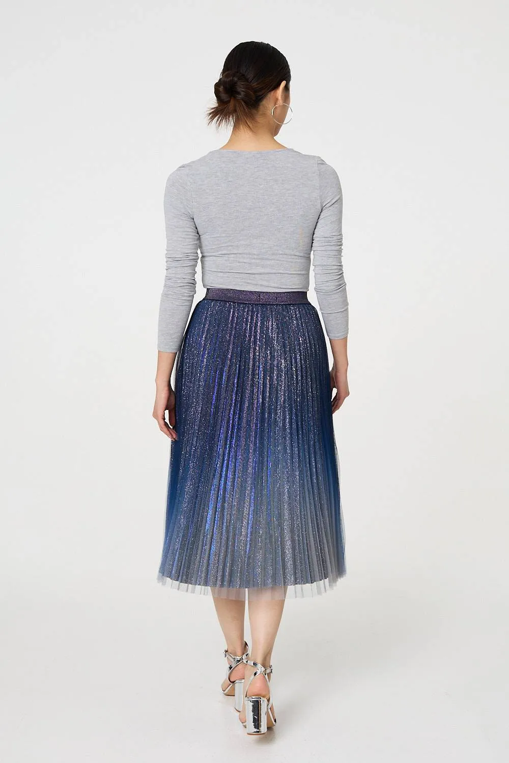 Glittery Sheer Mesh Pleated Midi Skirt