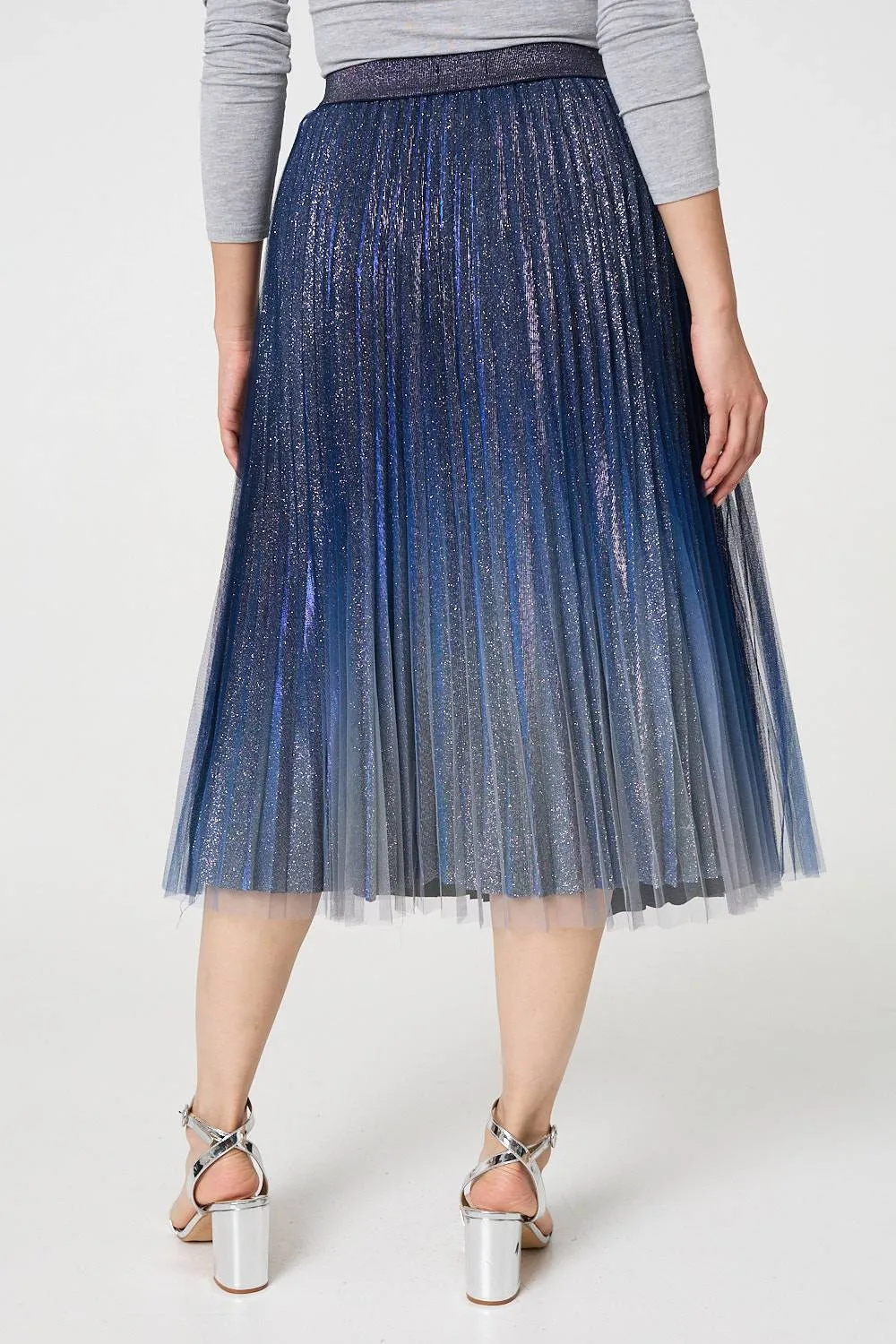 Glittery Sheer Mesh Pleated Midi Skirt