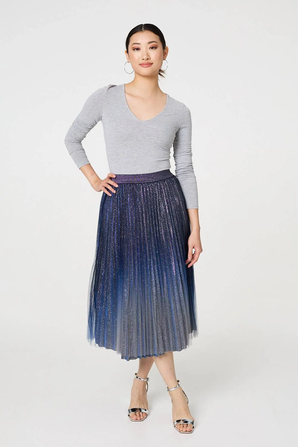 Glittery Sheer Mesh Pleated Midi Skirt