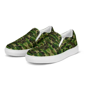 Green Camo Women's Slip Ons, Green Camouflage Army Military Print Women’s Slip-On Canvas Shoes (US Size: 5-12)