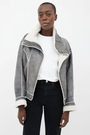 Grey Shearling Cropped Aviator Jacket