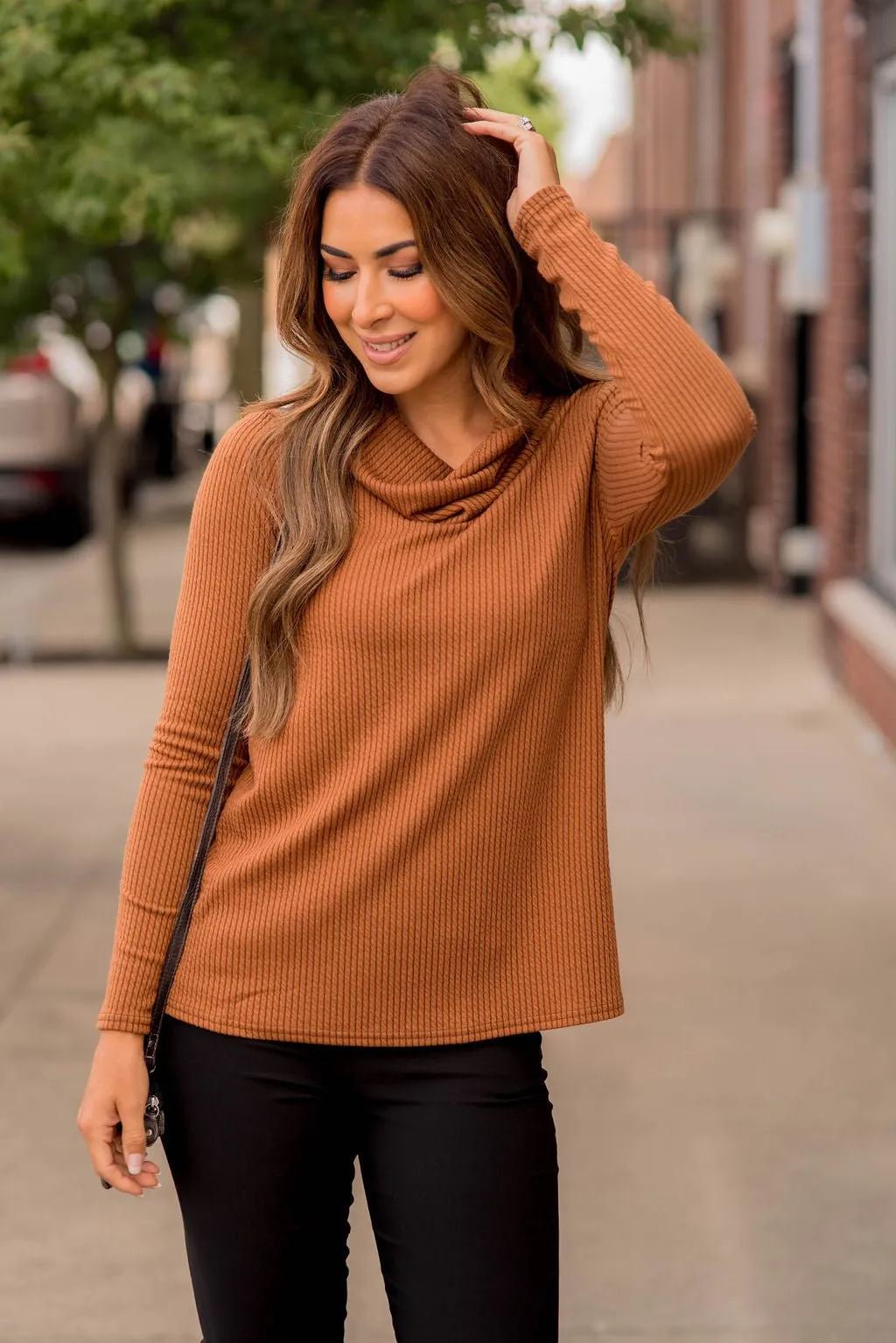 Heavily Ribbed Cowl Neck Tee