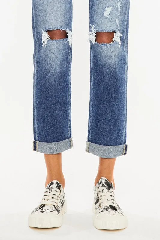 High Rise Hem Detail Slim Straight Jeans