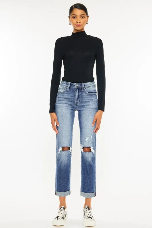 High Rise Hem Detail Slim Straight Jeans