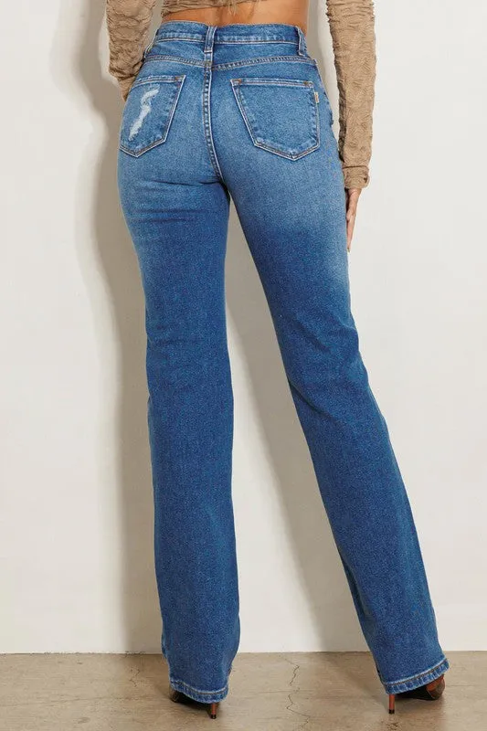 High Rise Subtle Distressed Straight Jeans