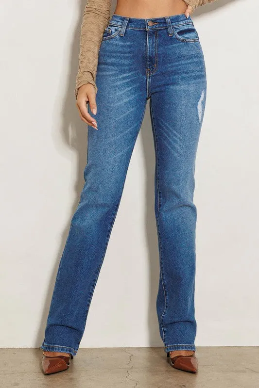 High Rise Subtle Distressed Straight Jeans