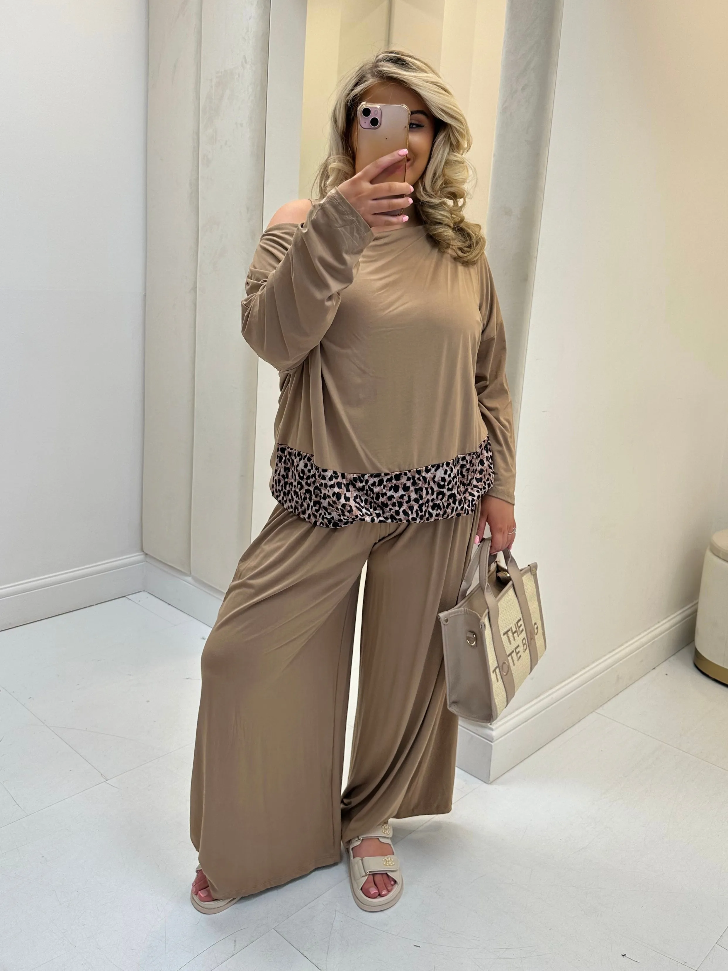 Hollyanna Curve Caramel Leopard Print Cowl Neck Jersey Drawstring Co-Ord