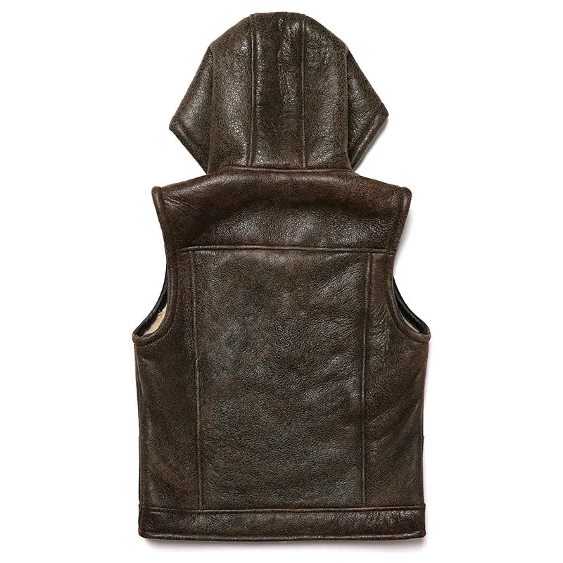 Hooded Shearling Leather Vest for Men