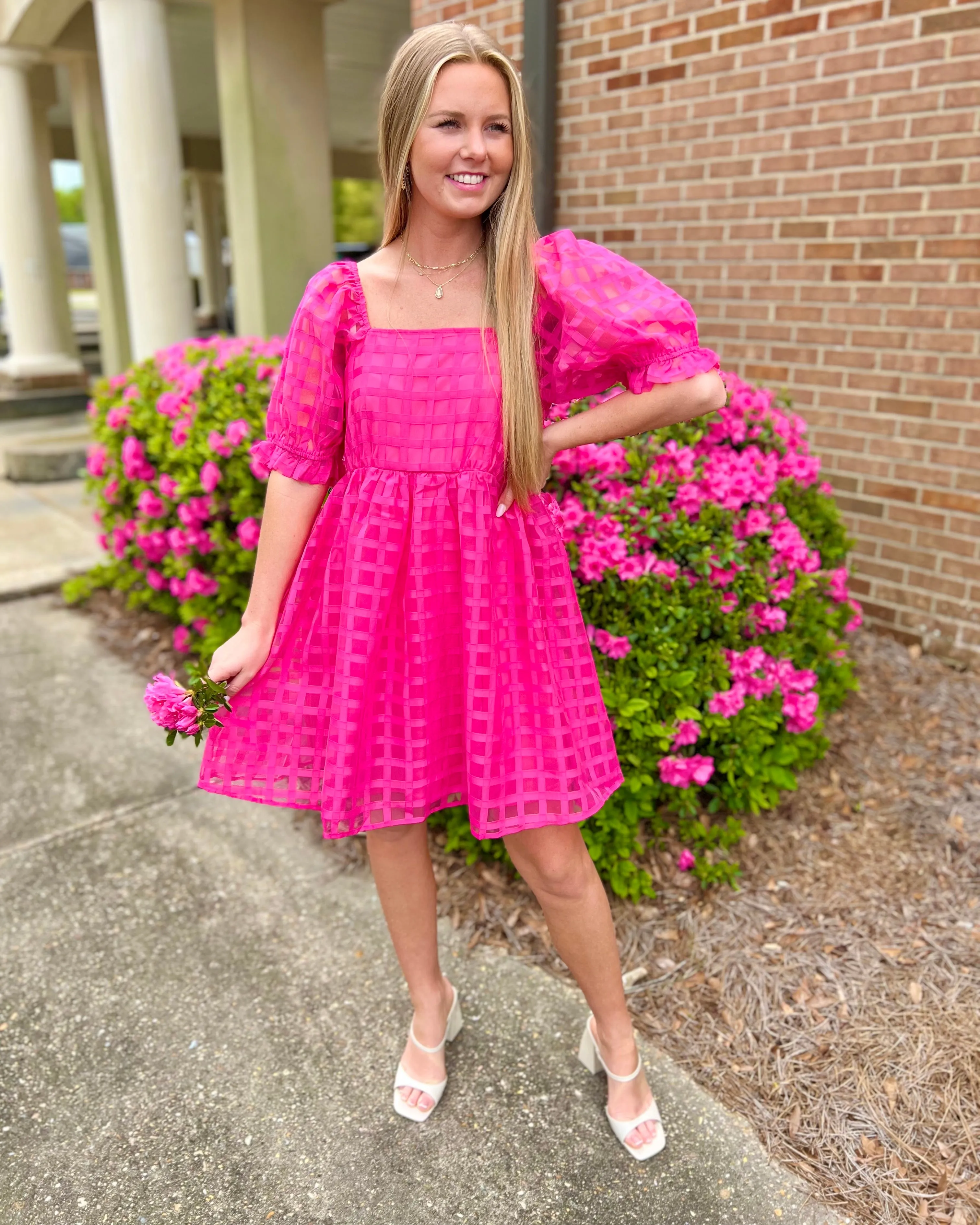 It All Works Out Hot Pink Bubble Sleeve Babydoll Mini Dress