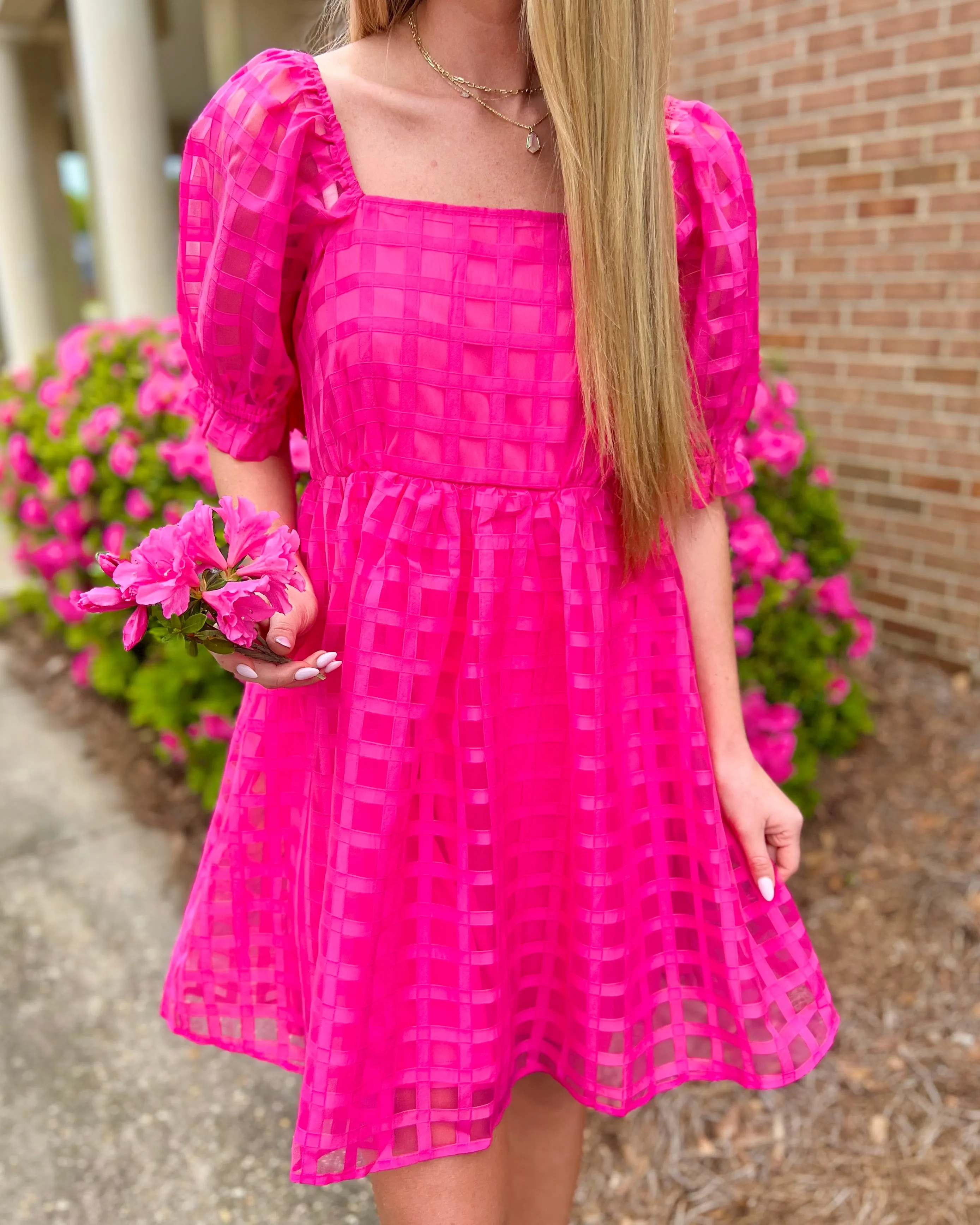 It All Works Out Hot Pink Bubble Sleeve Babydoll Mini Dress