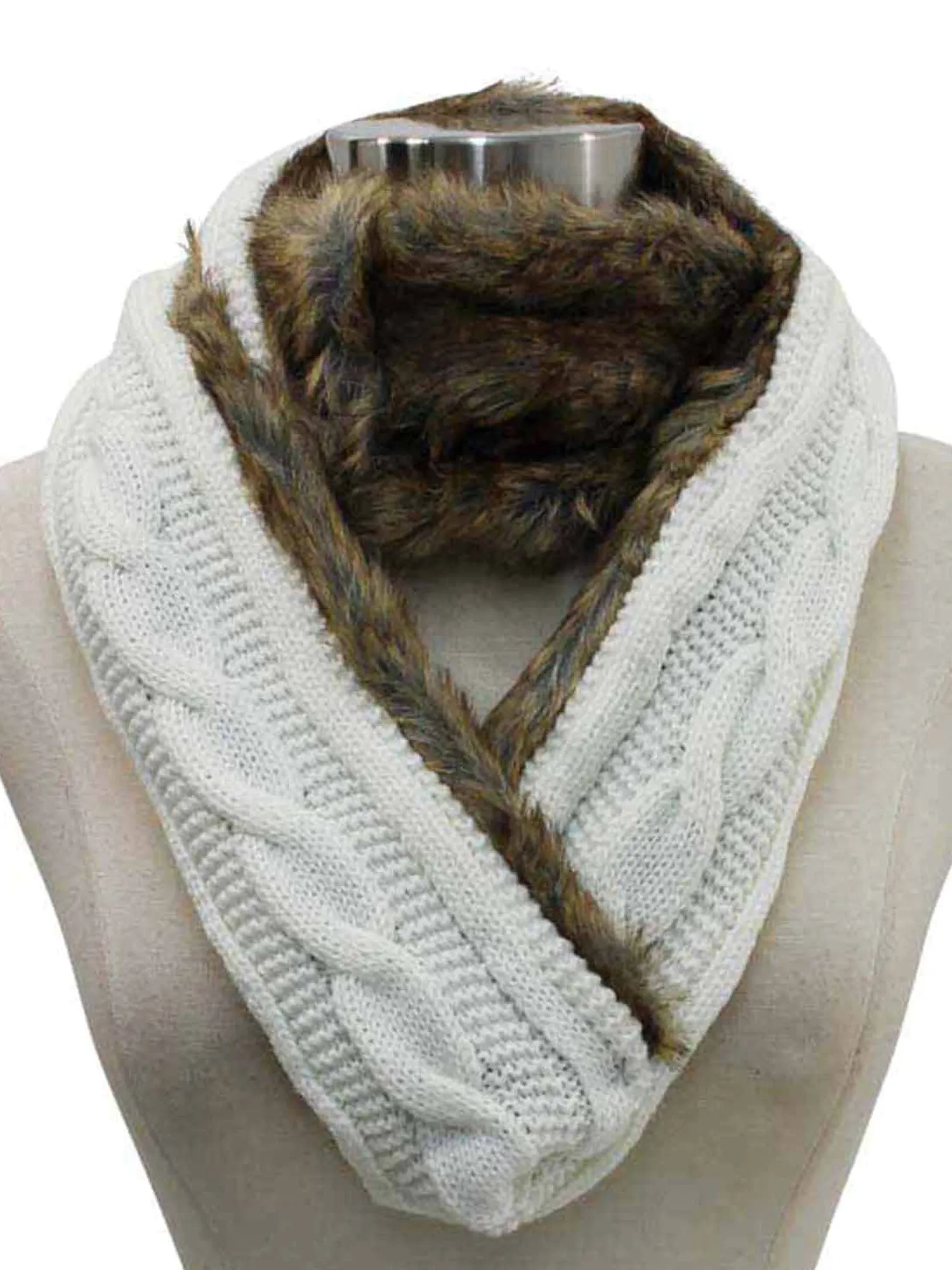 Ivory Cable Knit Infinity Scarf With Faux Fur Lining