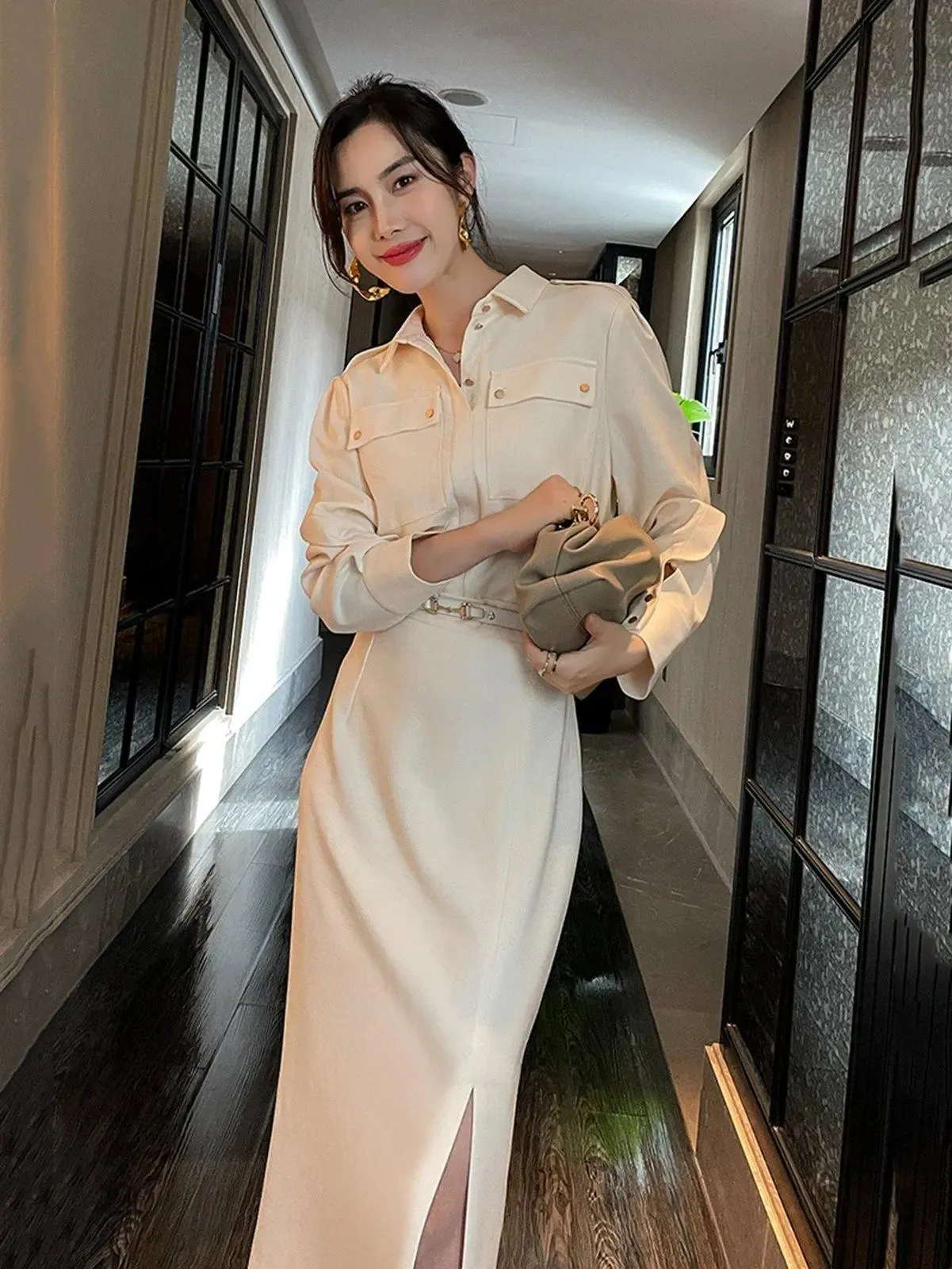 Ivory Long Sleeve Belted Corset Midi Shirt Dress