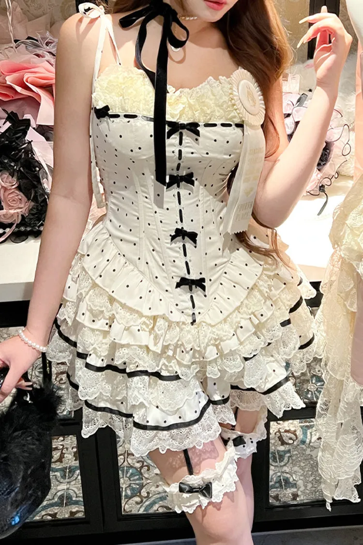 Ivory [Paris Holidays] Multi-Layered Polka Dots Print Ruffle Lace Fishbone Sweet Lolita Skirt Set