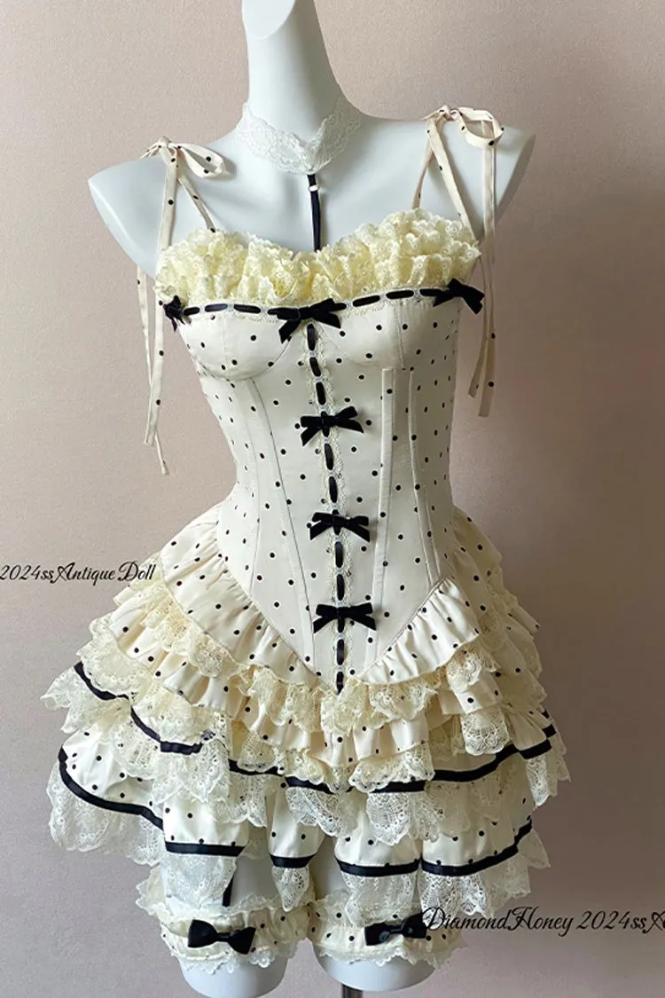 Ivory [Paris Holidays] Multi-Layered Polka Dots Print Ruffle Lace Fishbone Sweet Lolita Skirt Set