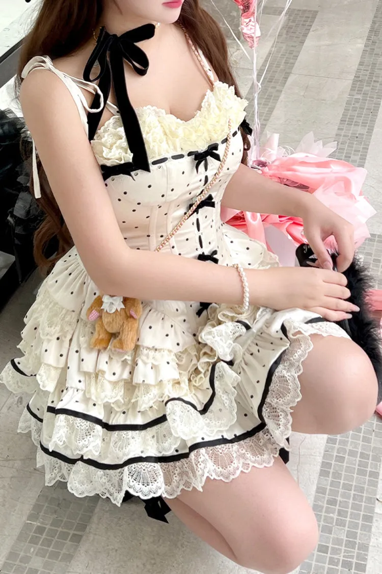 Ivory [Paris Holidays] Multi-Layered Polka Dots Print Ruffle Lace Fishbone Sweet Lolita Skirt Set