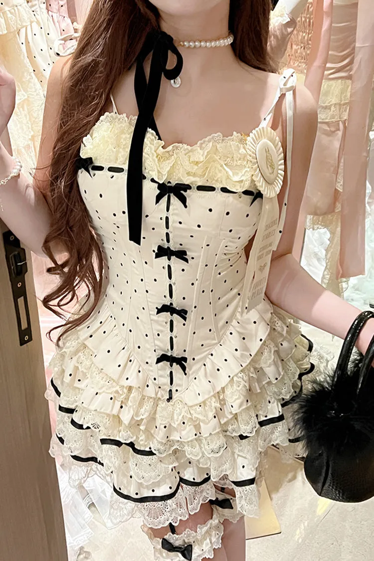 Ivory [Paris Holidays] Multi-Layered Polka Dots Print Ruffle Lace Fishbone Sweet Lolita Skirt Set