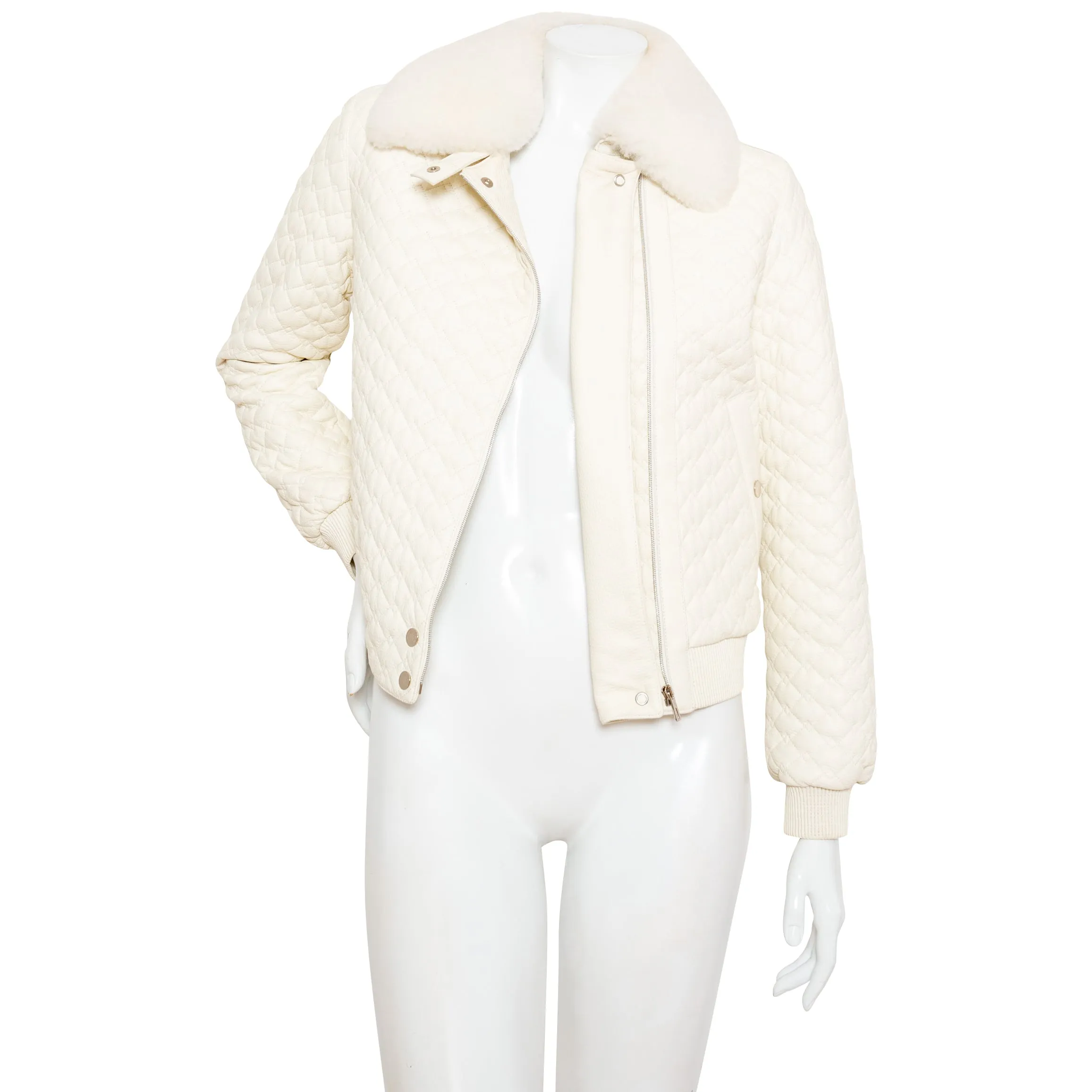 Ivory Quilted Leather and Shearling Jacket