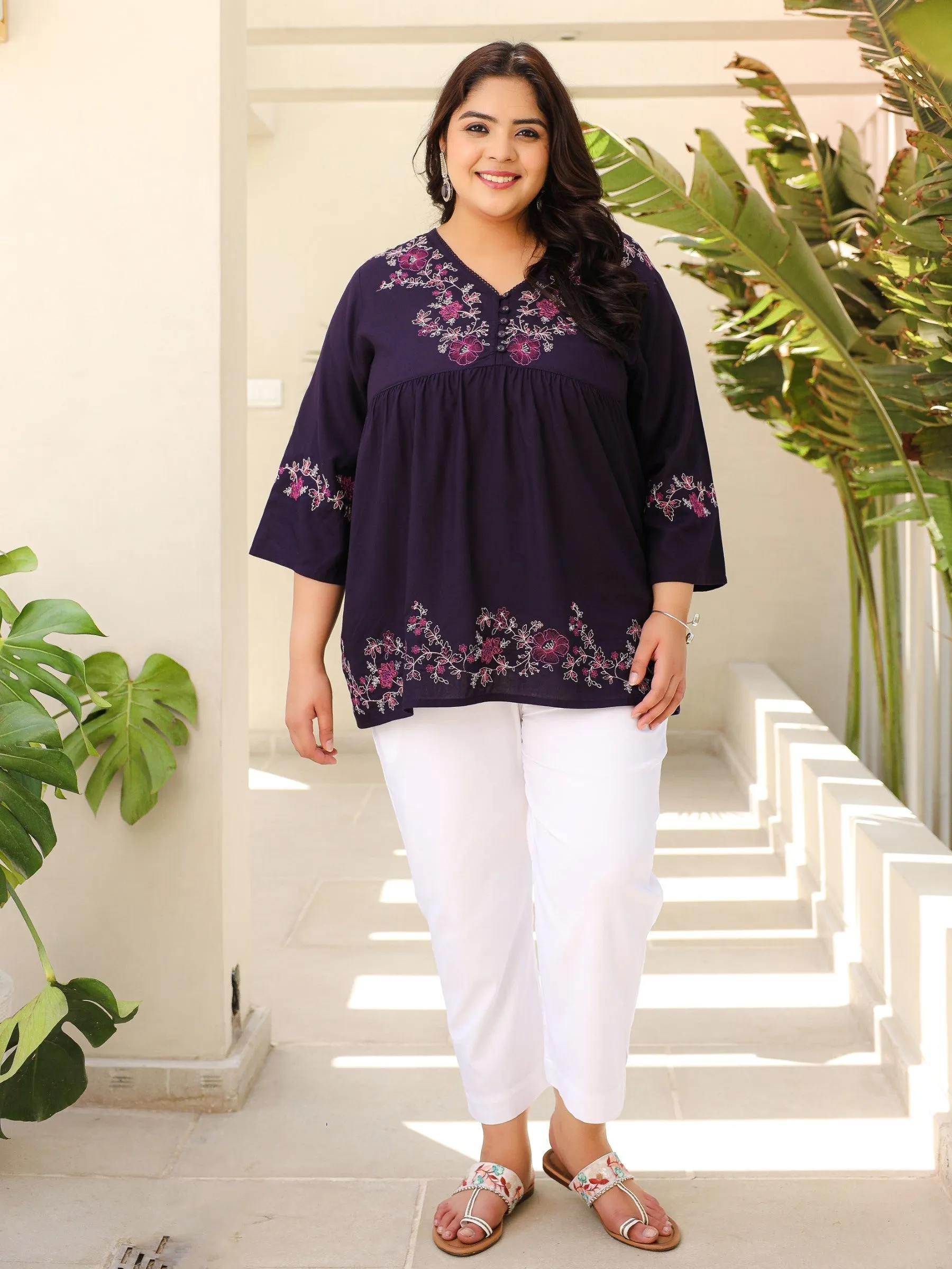 Jashvi Purple Modal Rayon Floral Embroidered Alia Cut Plus Size Tunic