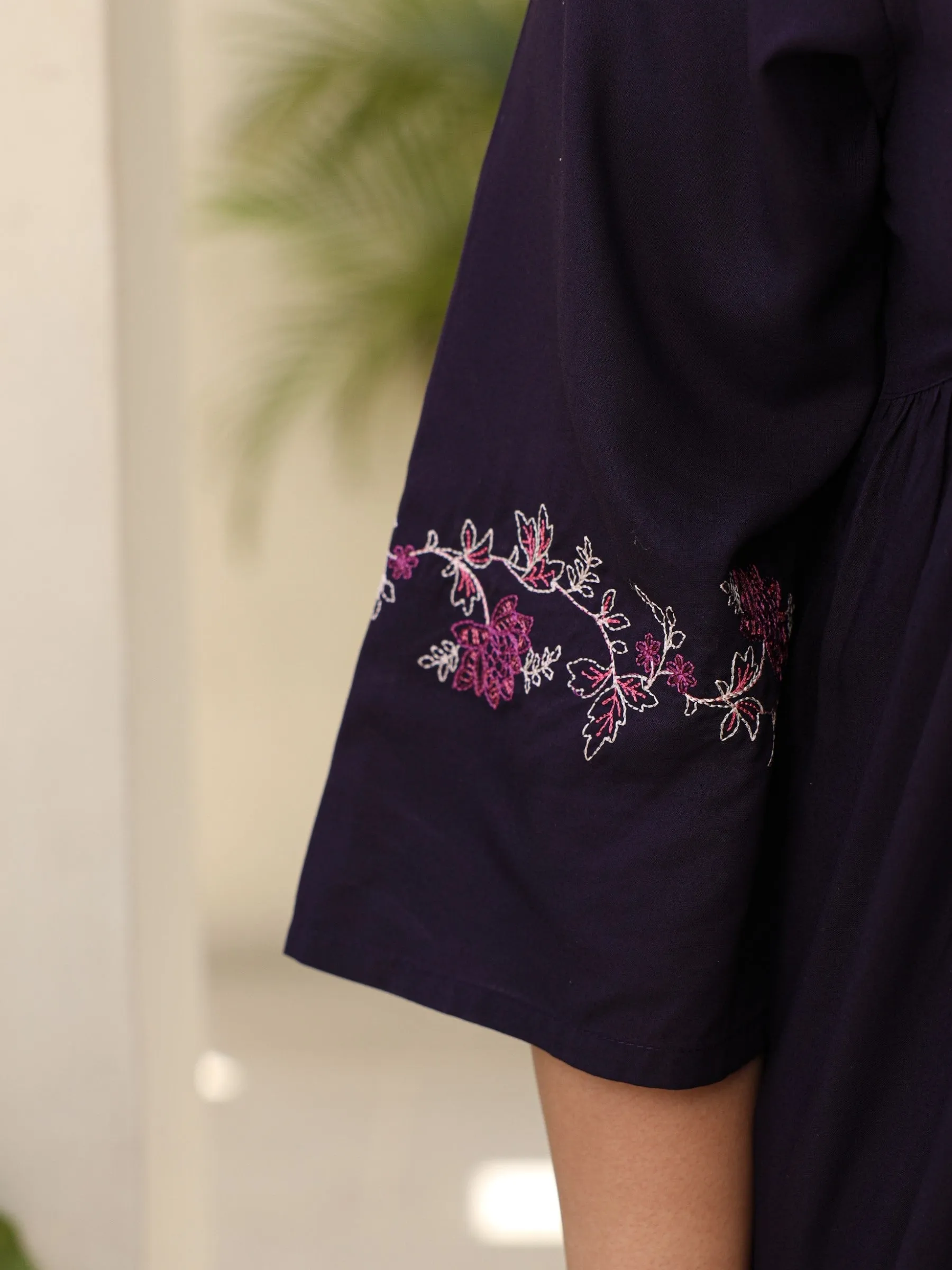 Jashvi Purple Modal Rayon Floral Embroidered Alia Cut Plus Size Tunic