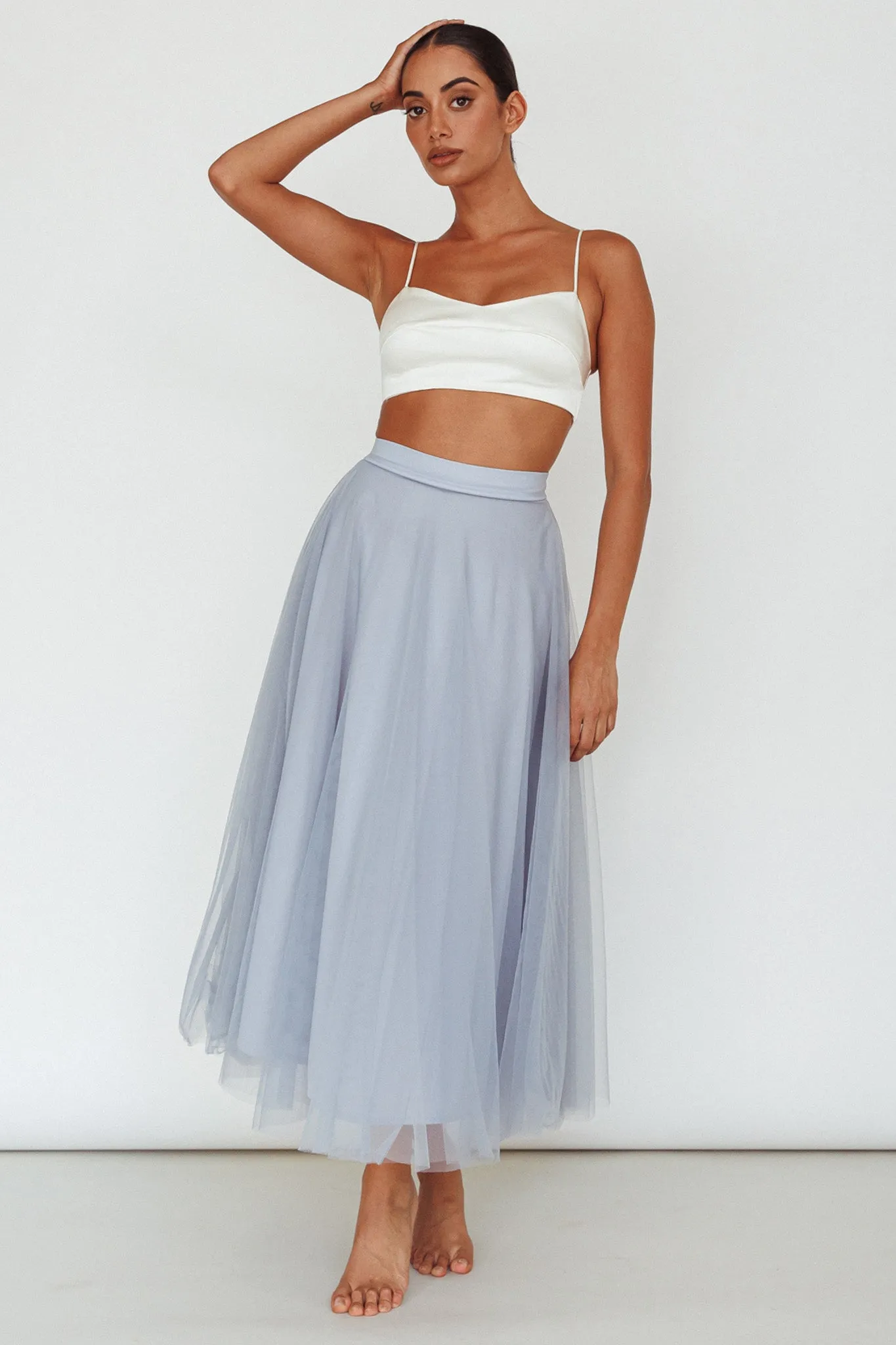 Jasmine Organza Mesh Elasticated Waist Midi Skirt Blue