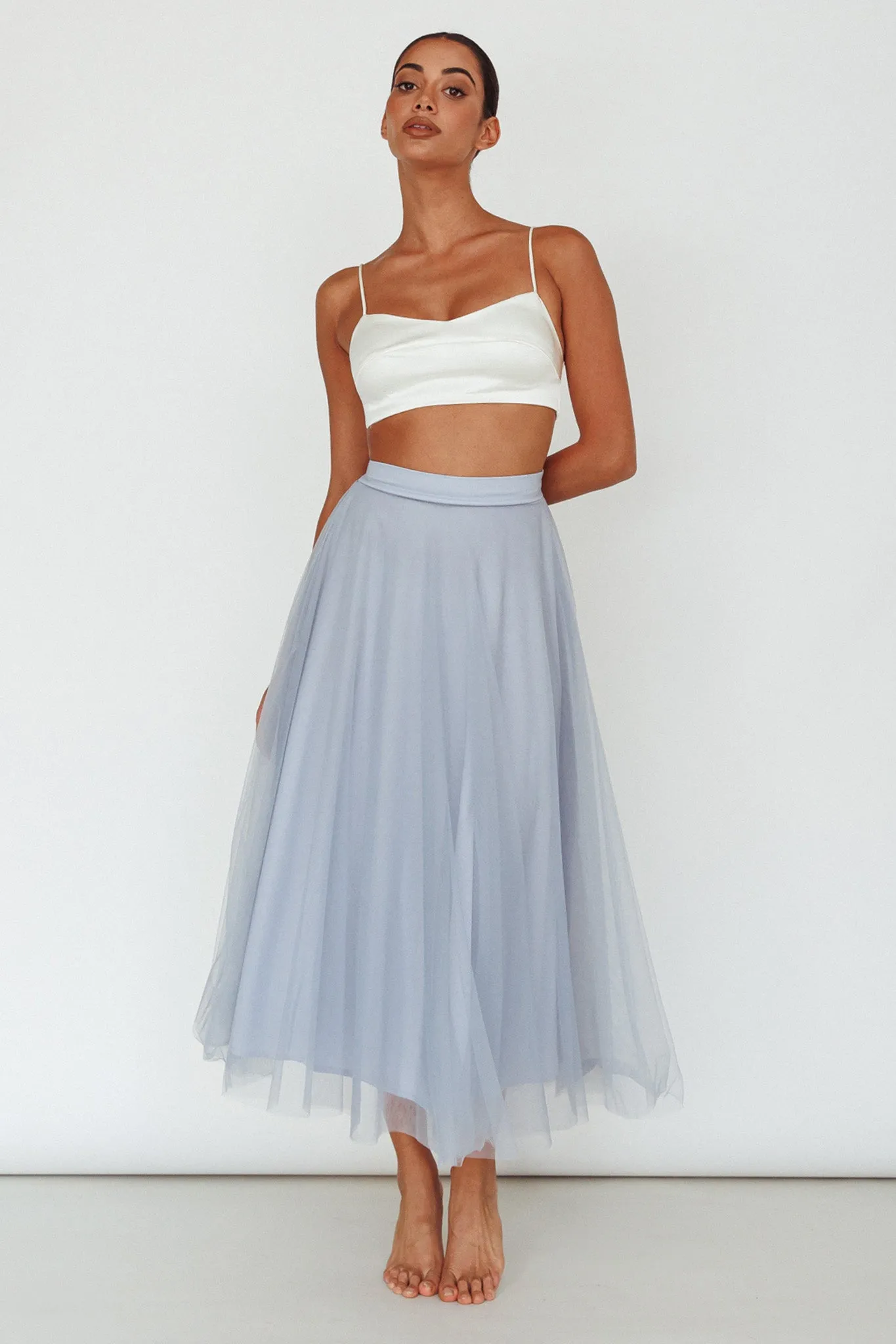 Jasmine Organza Mesh Elasticated Waist Midi Skirt Blue