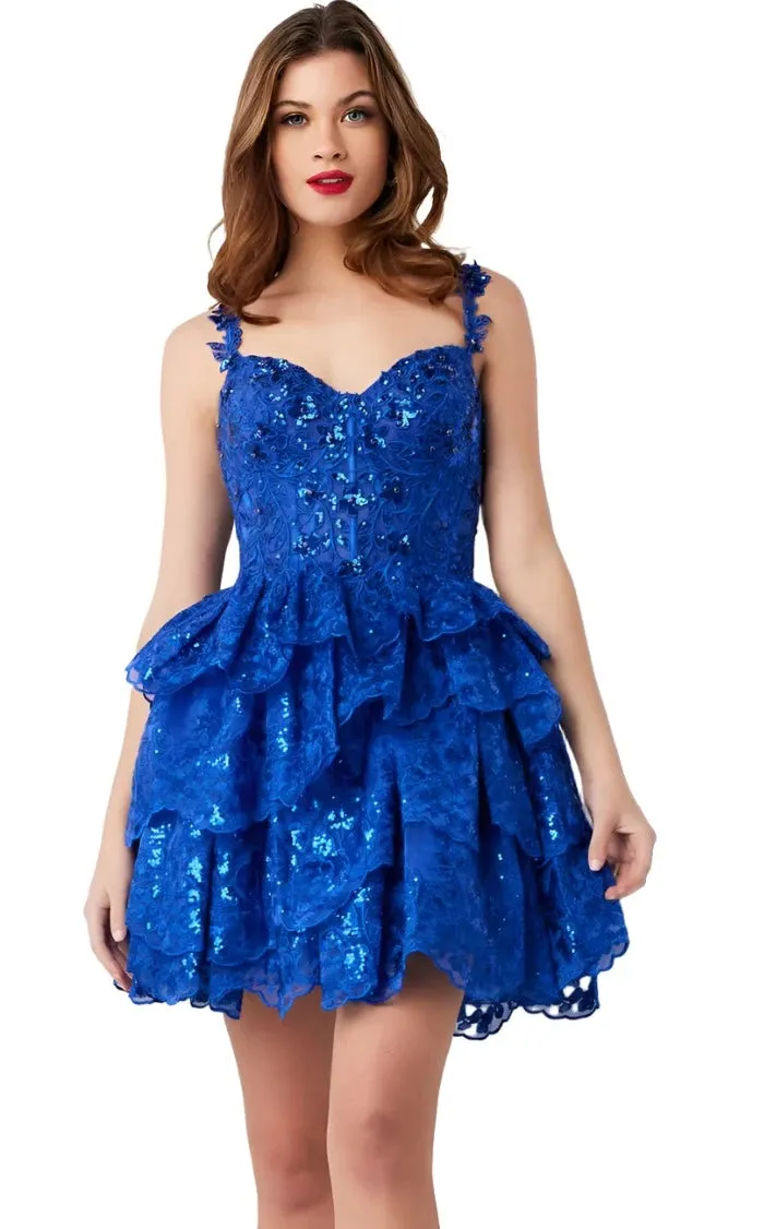 Jovani 37080 Short Lace Ruffle Homecoming Dress Sequin Corset Cocktail Gown Layer Skirt