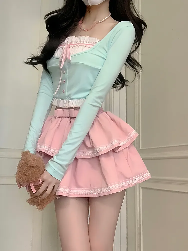 Kawaii Pastel Doll Aesthetic Mint Green Long Sleeve Top and Peachy Pink Layered Mini Skirt