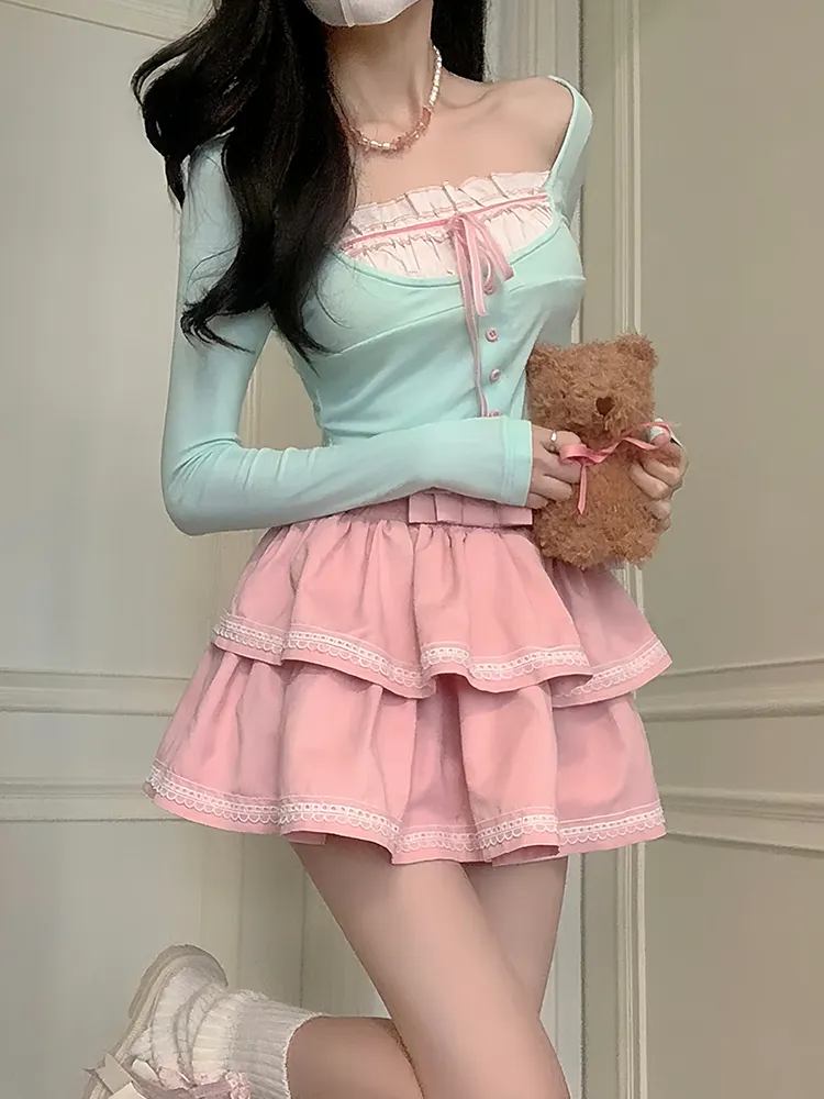 Kawaii Pastel Doll Aesthetic Mint Green Long Sleeve Top and Peachy Pink Layered Mini Skirt