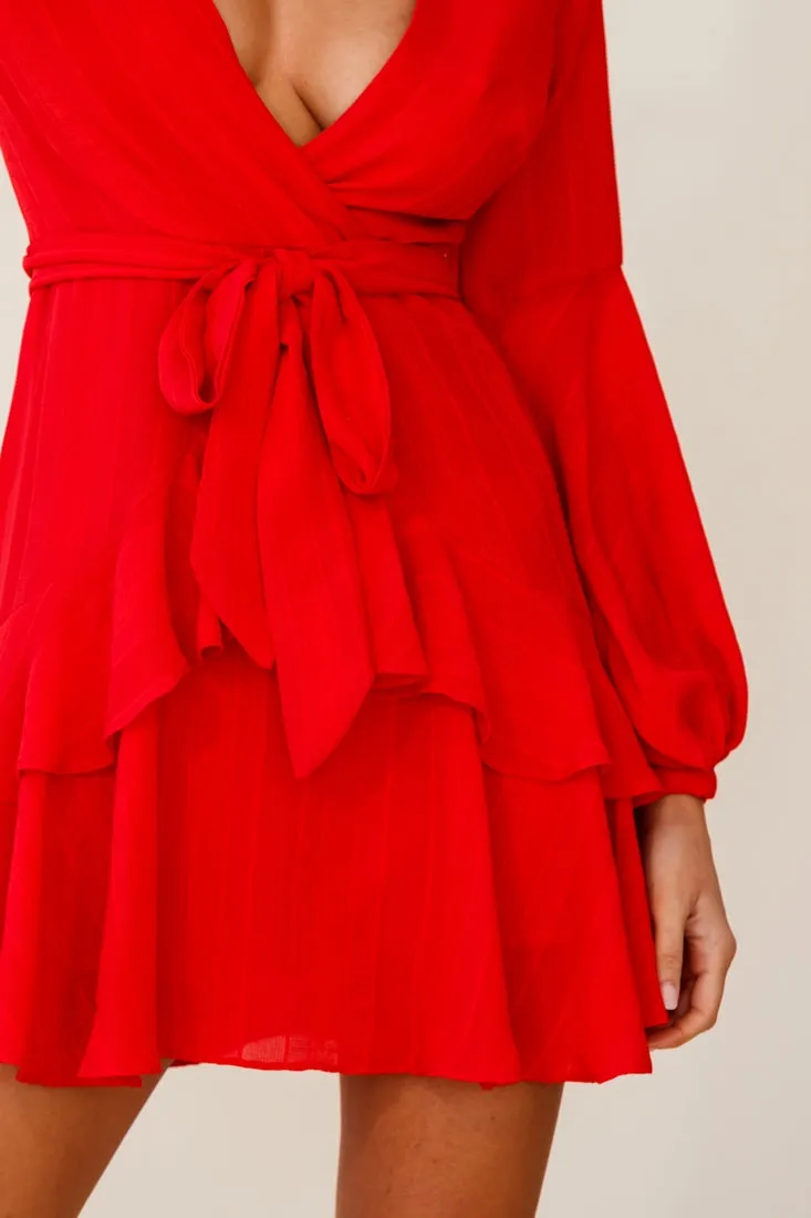 Kerry Layered Balloon Sleeve Dress Red