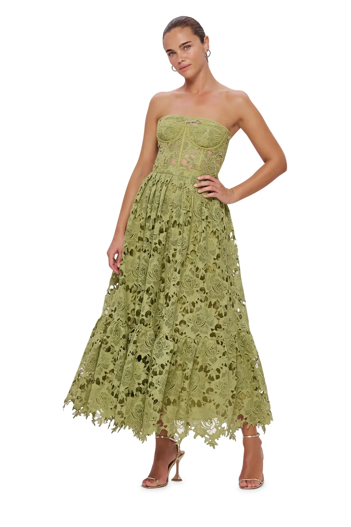 Leo Lin Emilia Lace Bustier Midi Dress - Olive