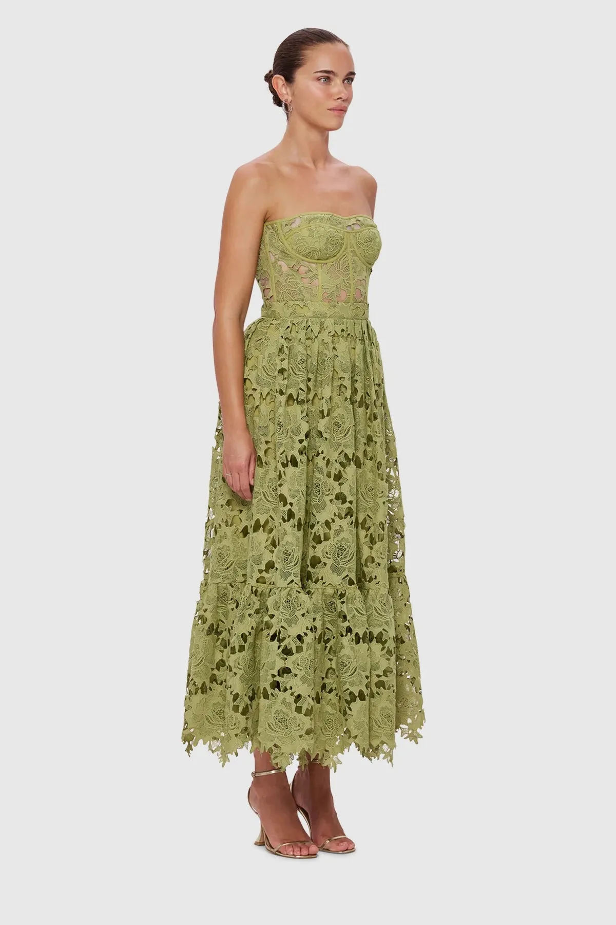 Leo Lin Emilia Lace Bustier Midi Dress - Olive